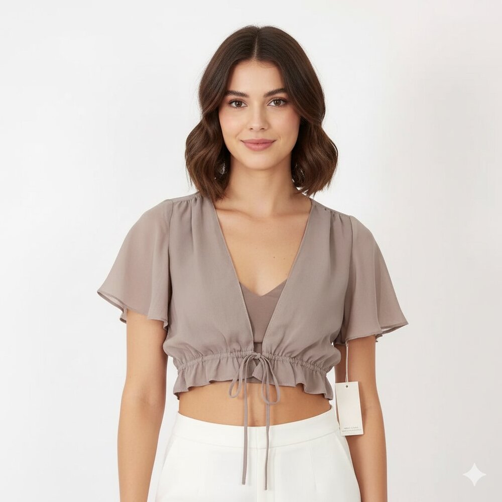 *TOBI Beige Front Tie Crop Top